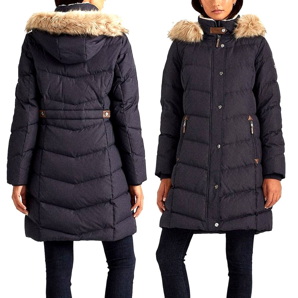 Lauren Ralph Lauren Dark Navy Long Puffer Coat Faux Fur Hood Women’s Medium NWT